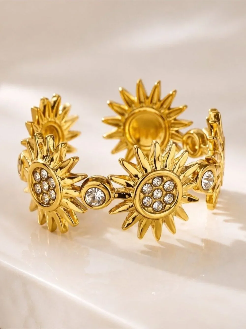 Gold Tone Sunflower Crystal Cuff Bracelet